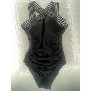 Aqua Green One Piece Swimsuit Tummy Control Ruched Black Lined Size Small‎